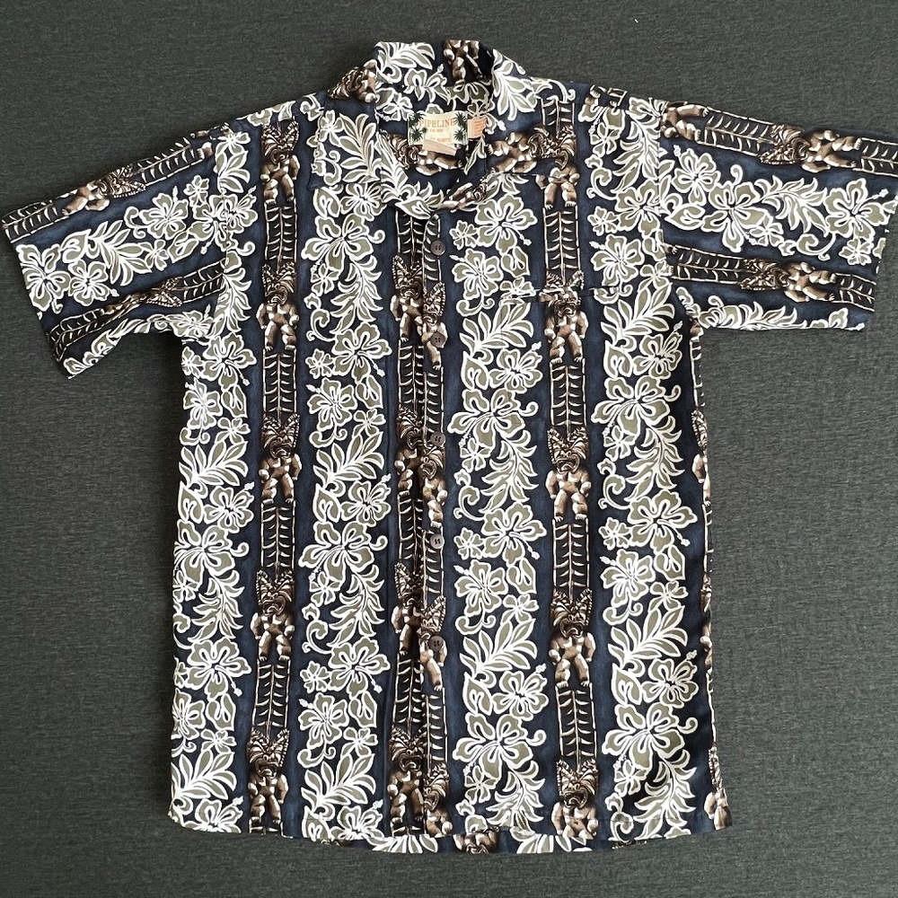 Pipeline Aloha Shirt Navy and Khaki Tiki Floral Button Up Size Small